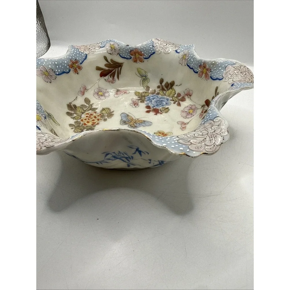 Vintage D&M NY Asian Style Porcelain Satsuma Cabbage Bowl Stamped Scalloped